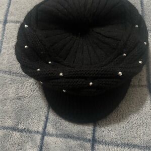 Elegant Black Knit Cap with Rhinestone Accents